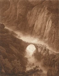 Devils Bridge i Schöllenen -ravinen på vägen över St. Gotthard -passet med ett Mule Train, före 1805